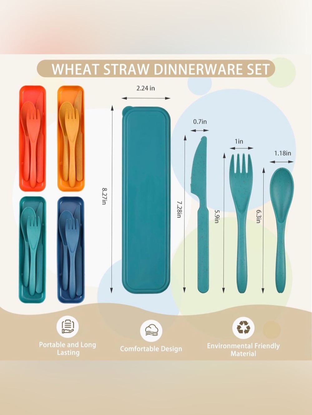 Jinei Reusable Travel Utensils Set with Case - 4 Portable Spoon Knife Fork Sets